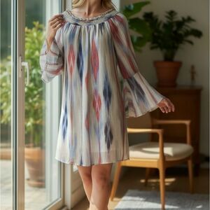 Altar'd State Bohemian Bell Sleeve Off Shoulder Dress Watercolor Stripe Shift